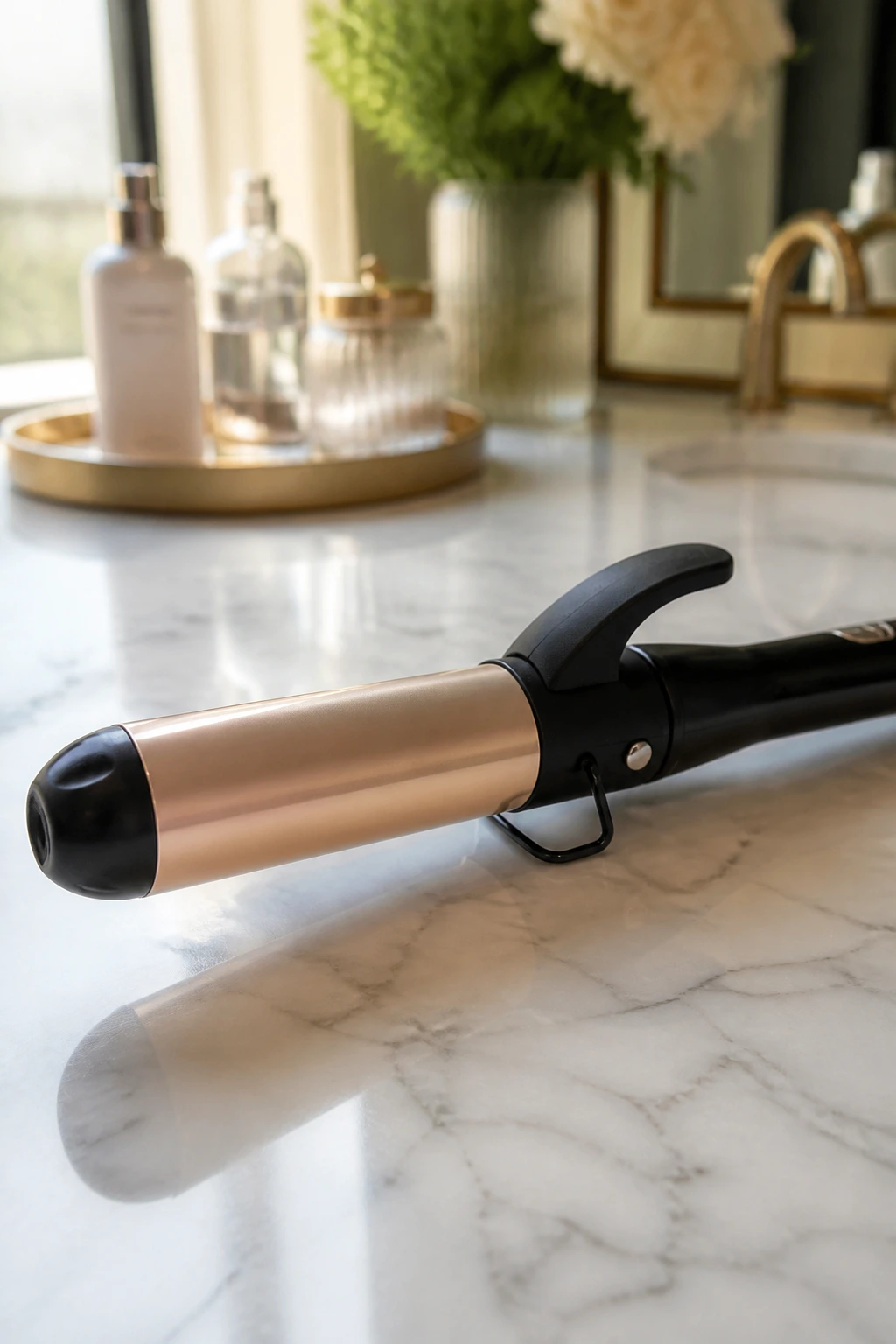 Close-up of a curling iron on a bathroom counter