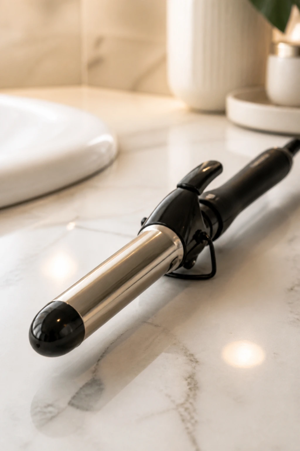 Close-up of a curling iron on a counter ready for use