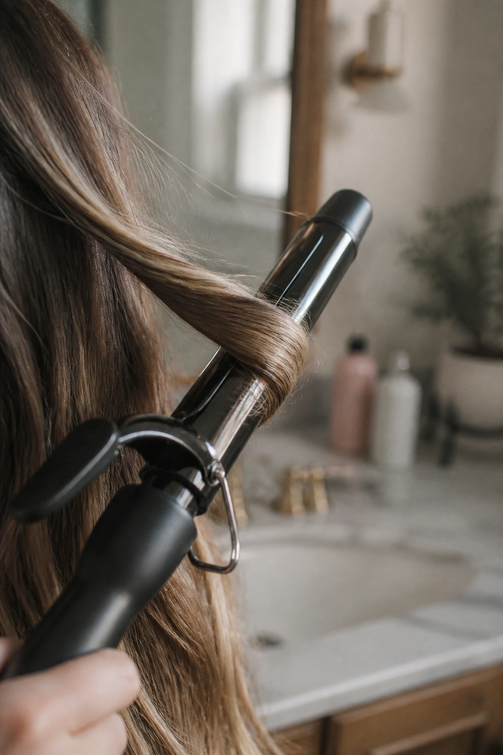 Close-up of a curling iron on a hair strand in a bathroom vanity.