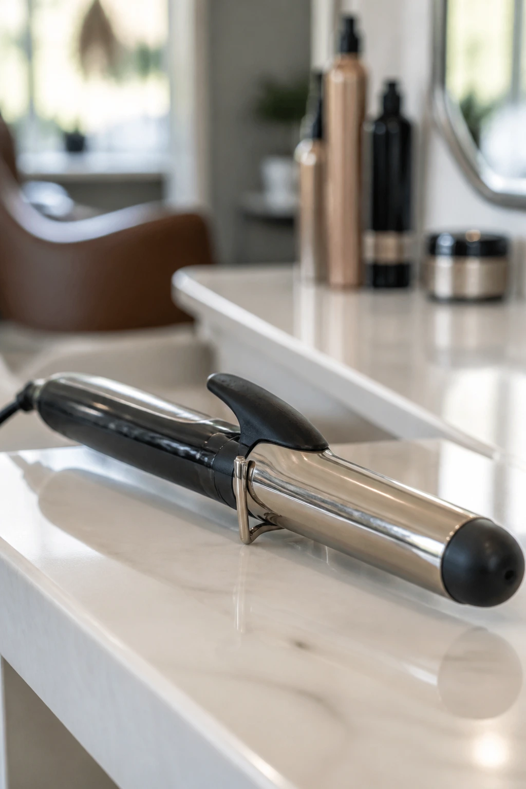 Close-up of a 1-inch curling iron on a clean salon counter, representing essential tools for blonde styles