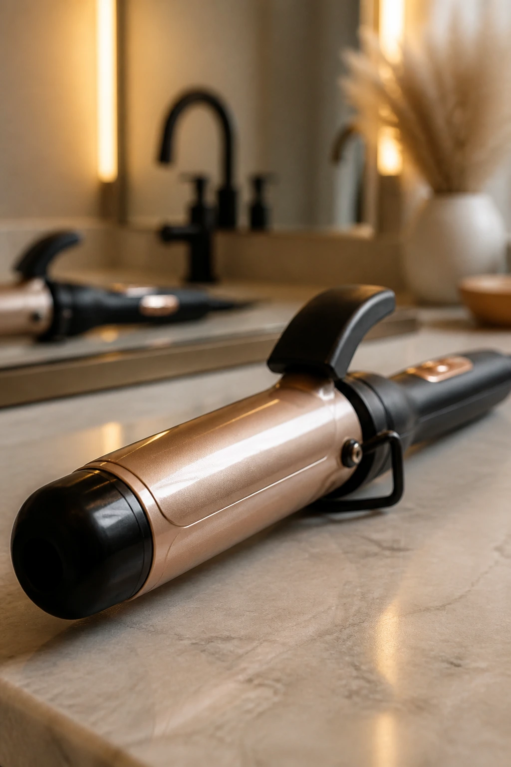 Close-up of a curling iron on a bathroom counter as the essential tool.