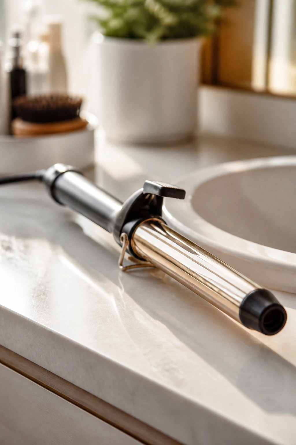 Close-up of a 1-inch curling iron on a bathroom counter