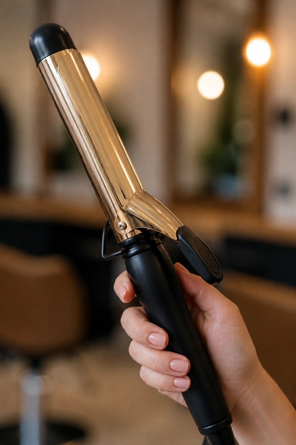 Close-up of a 1-inch curling iron in hand with a blurred salon background