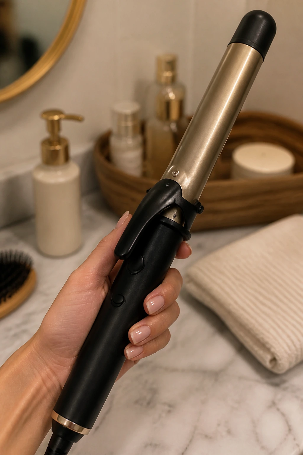 Close-up of curling iron held by hand on a bathroom counter