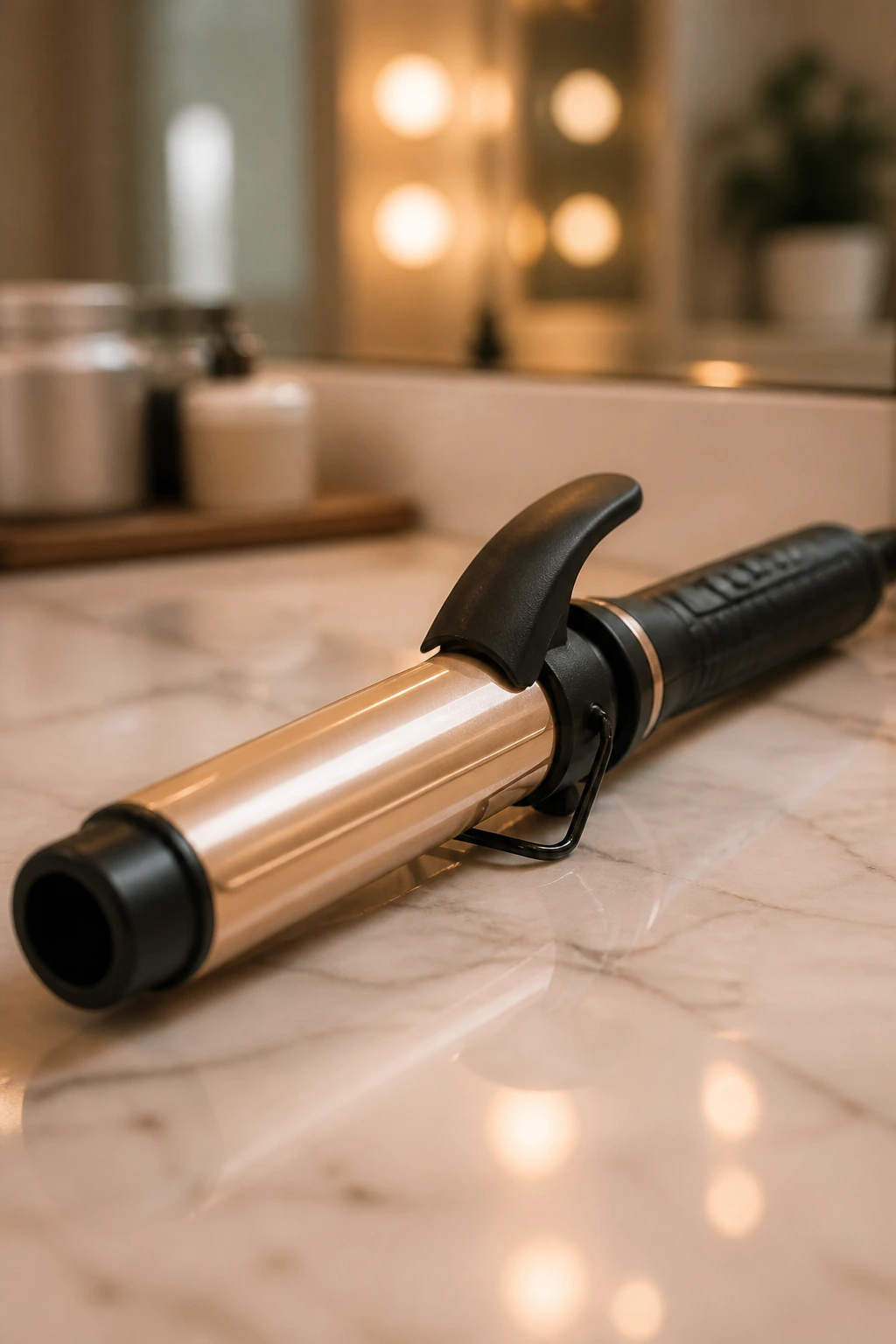 Close-up of a curling iron on a bathroom counter.
