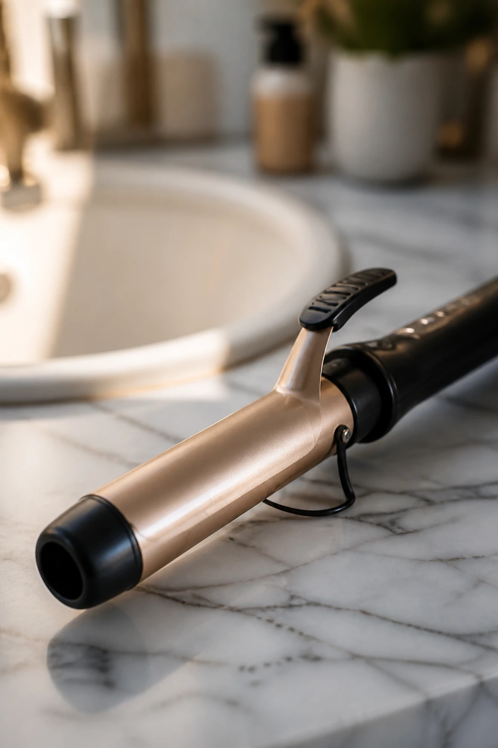Close-up of a curling iron in a bathroom setting.