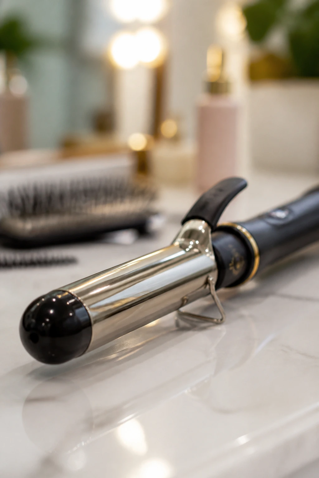 Curling iron centered on vanity with soft lighting