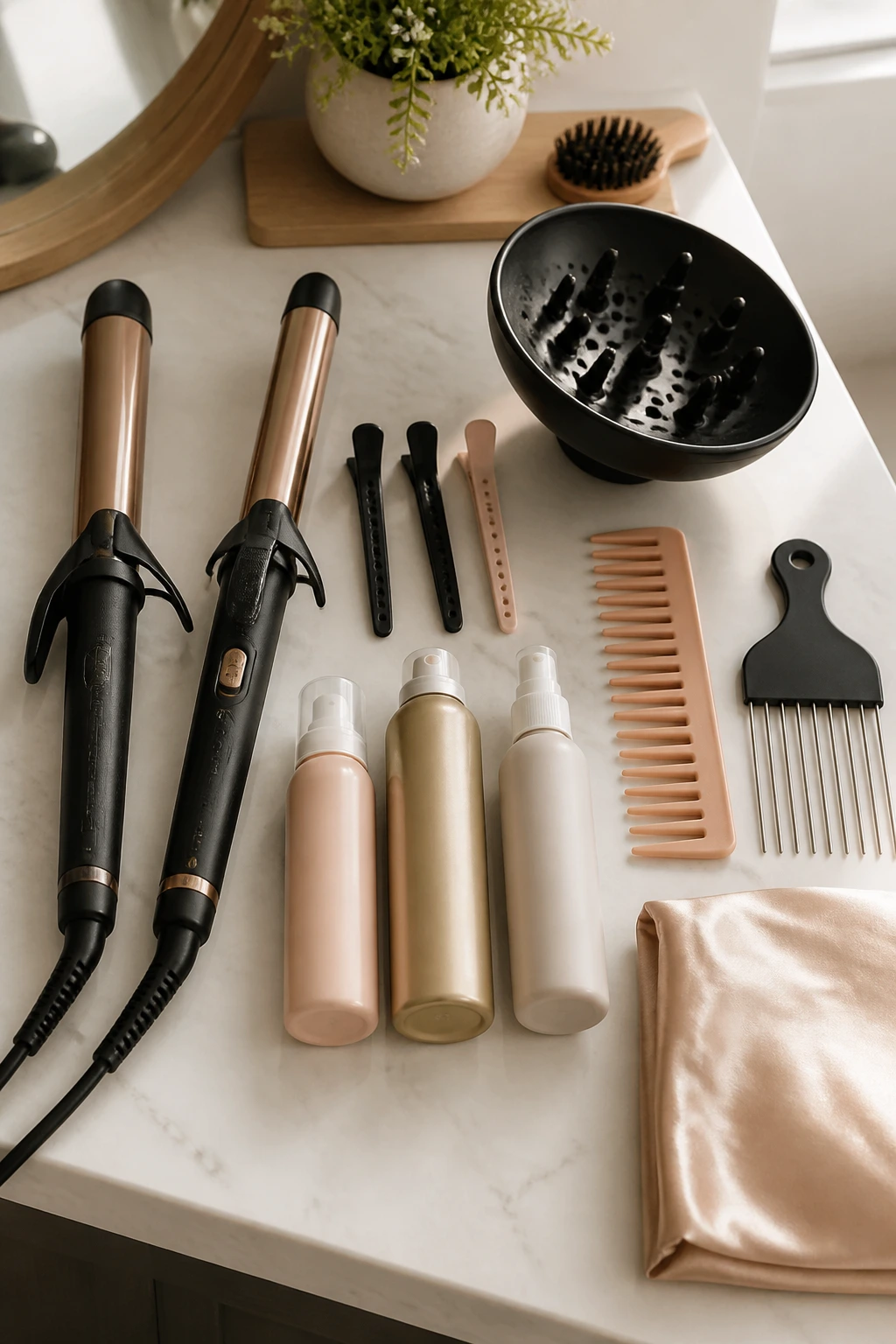 Top-down view of essential curling tools arranged on a clean surface.