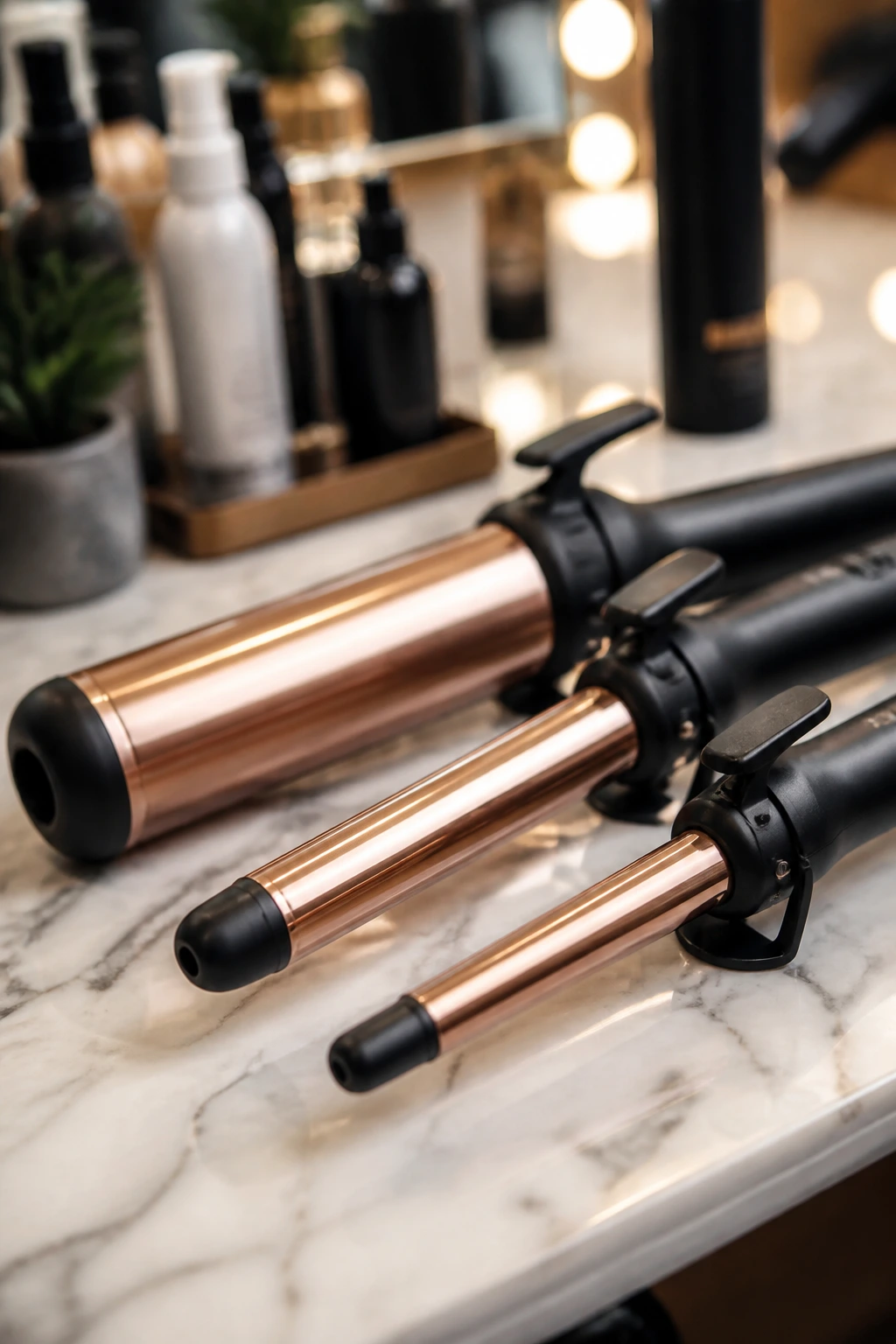 Close-up of multiple curling irons on a salon counter