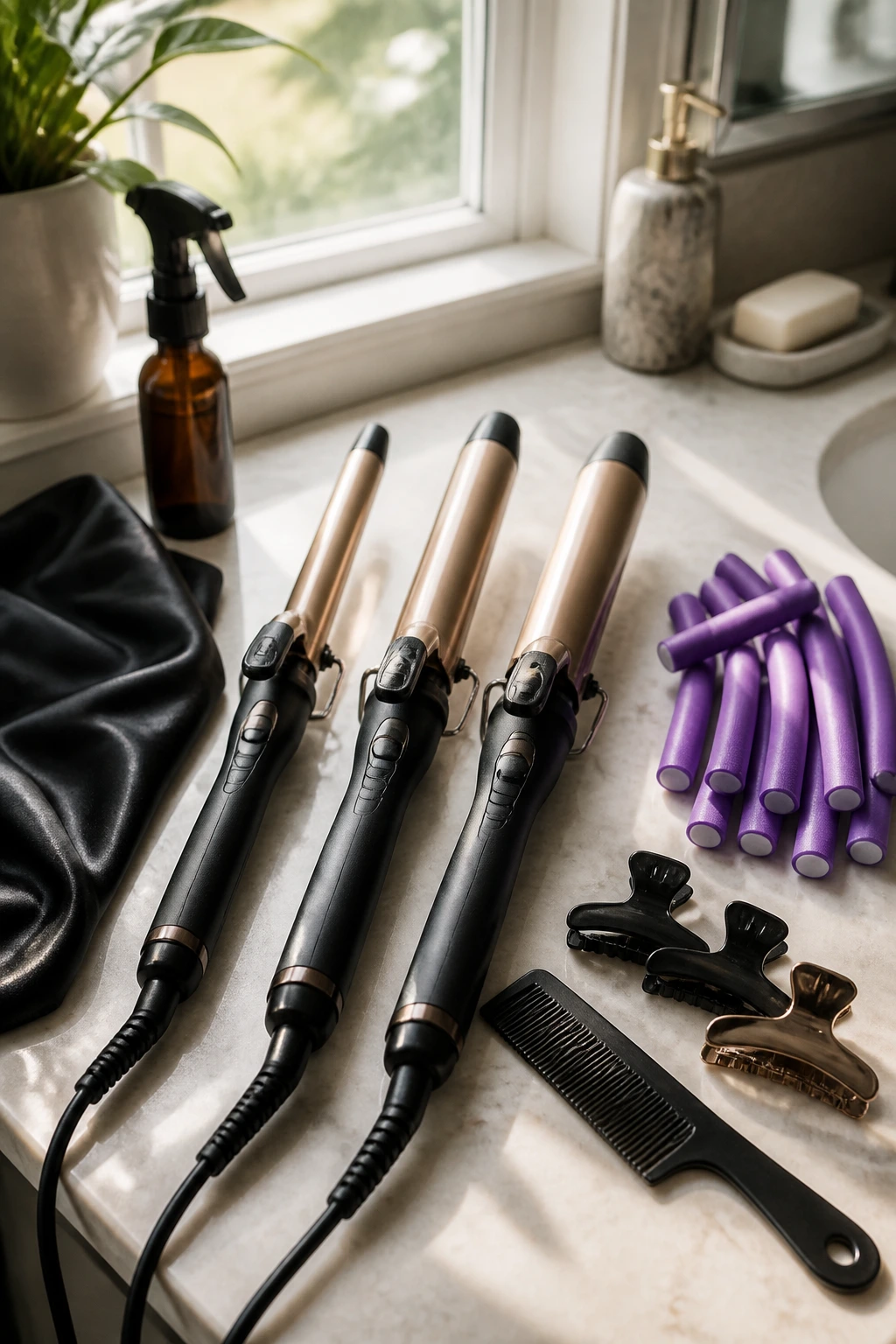 Flat lay of curling tools on bathroom counter including wands, clips, and satin scarf