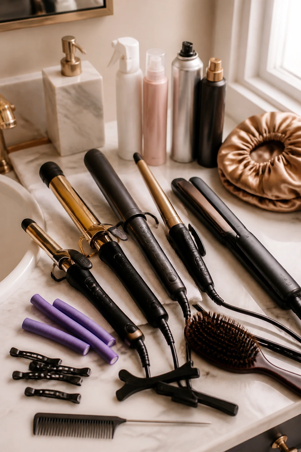 Close-up of curling tools for long hair arranged on a bathroom counter