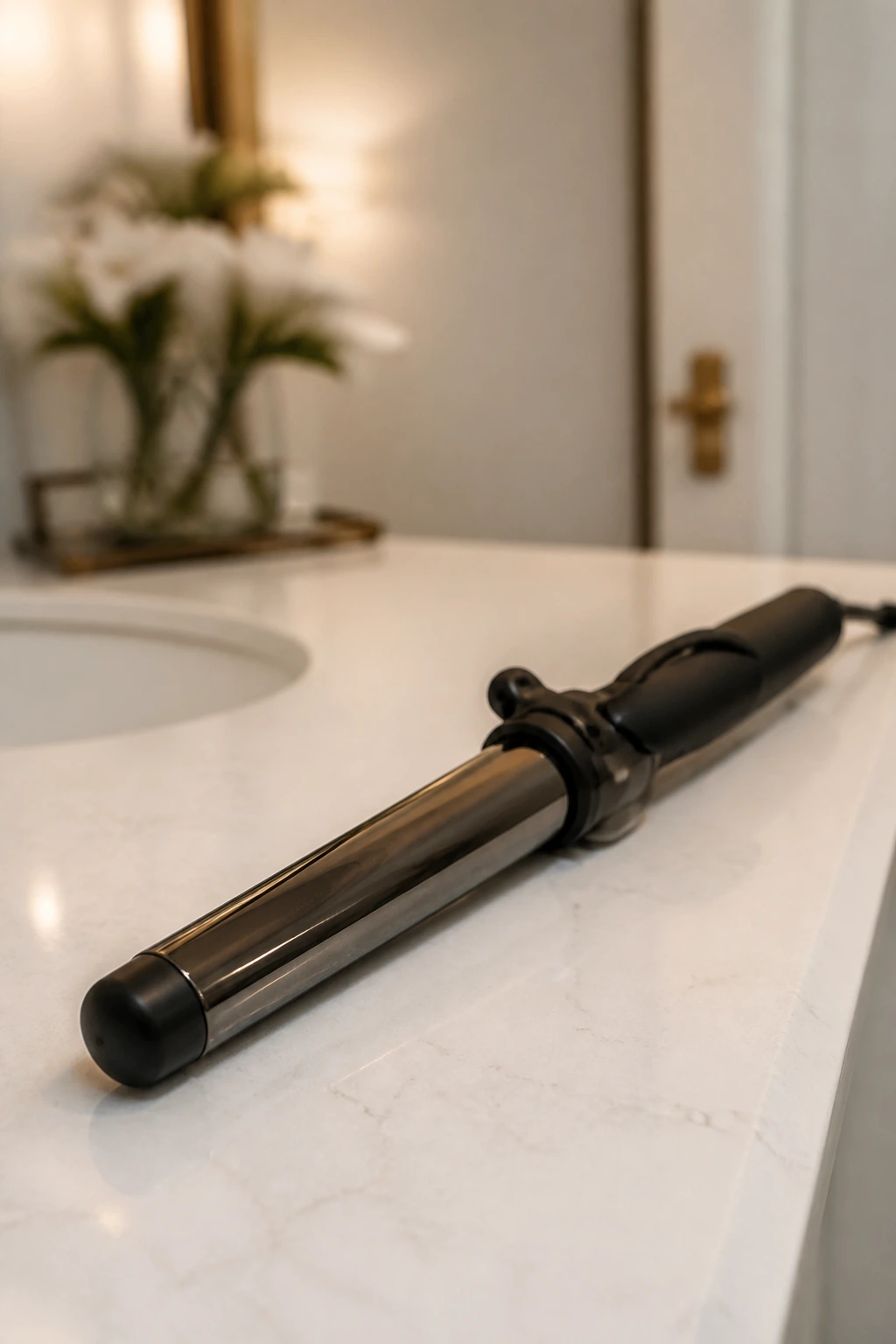 Close-up of a curling wand on a bathroom counter