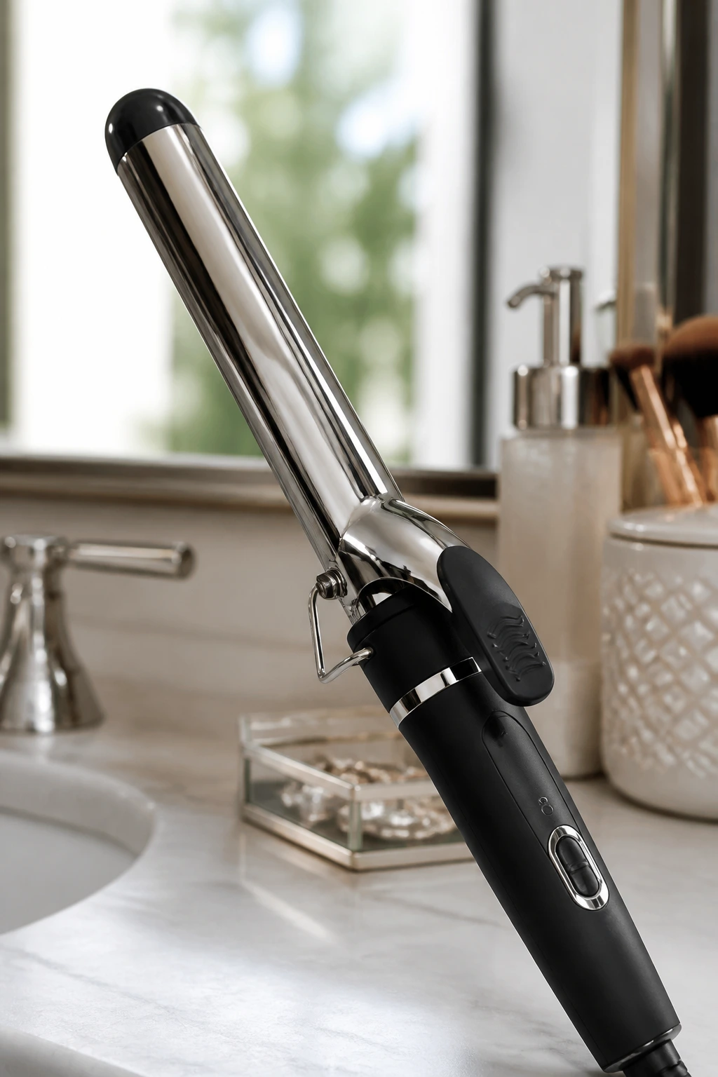 Close-up of a 1-inch curling wand dominating the frame in a bathroom setting.
