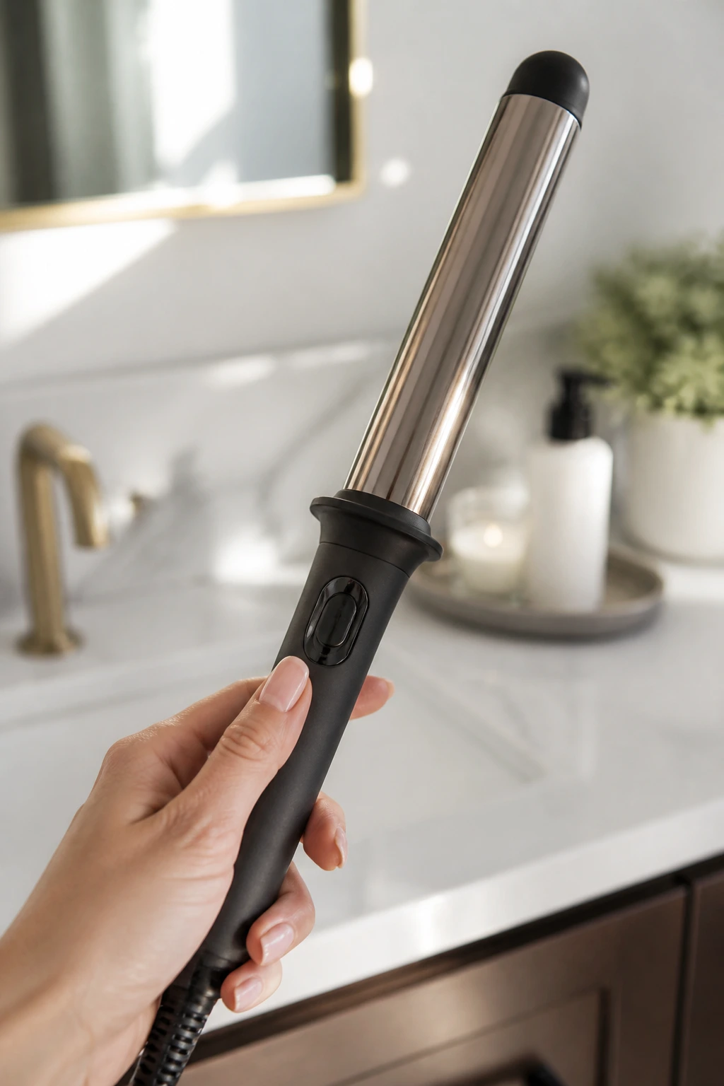 Close-up of a 1-inch curling wand held in a hand on a bathroom counter