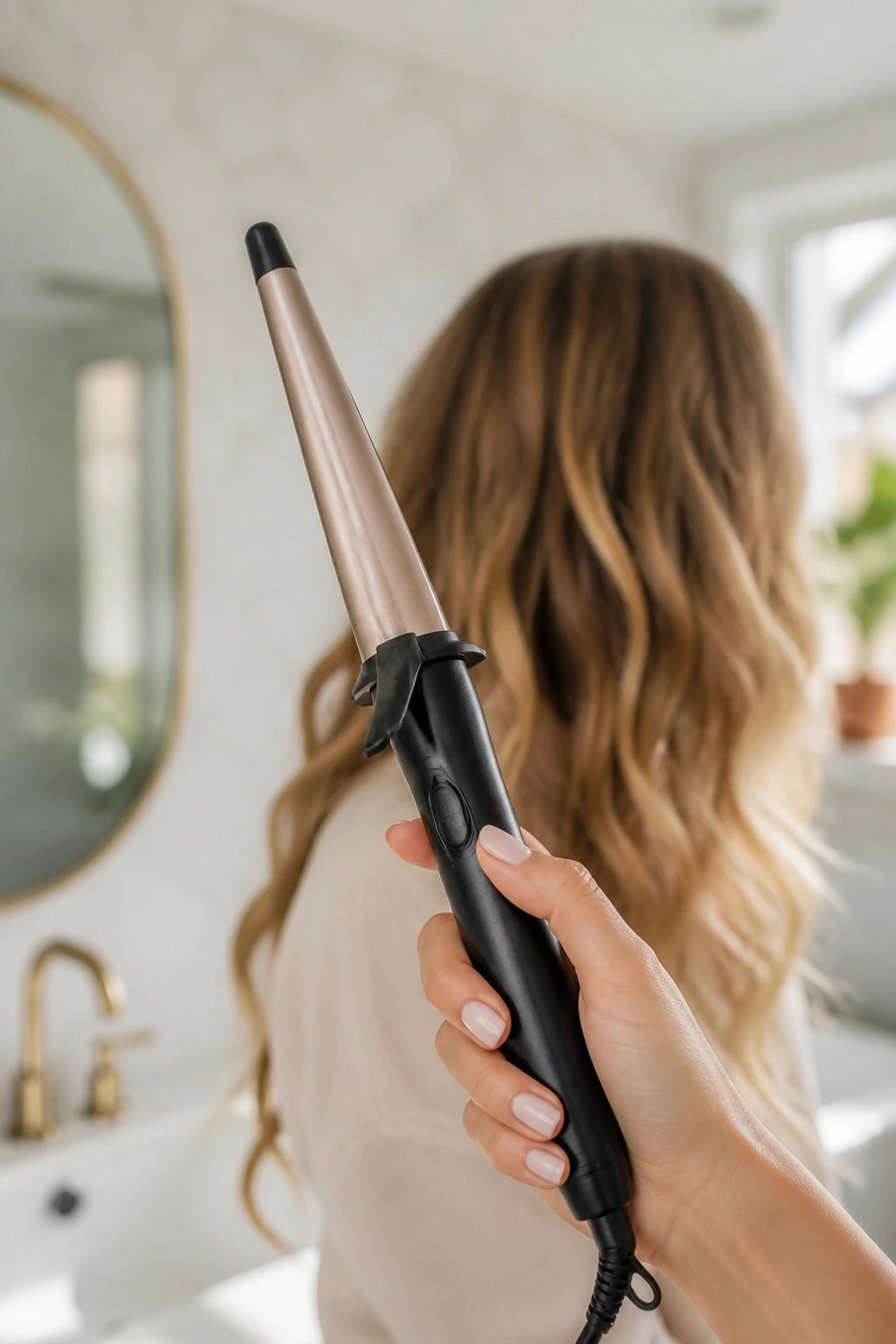 Close-up of a curling wand tool in hand with hair softly blurred in background