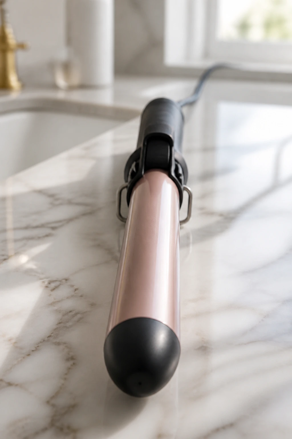 Close-up of a 1.25-inch curling wand on a marble counter