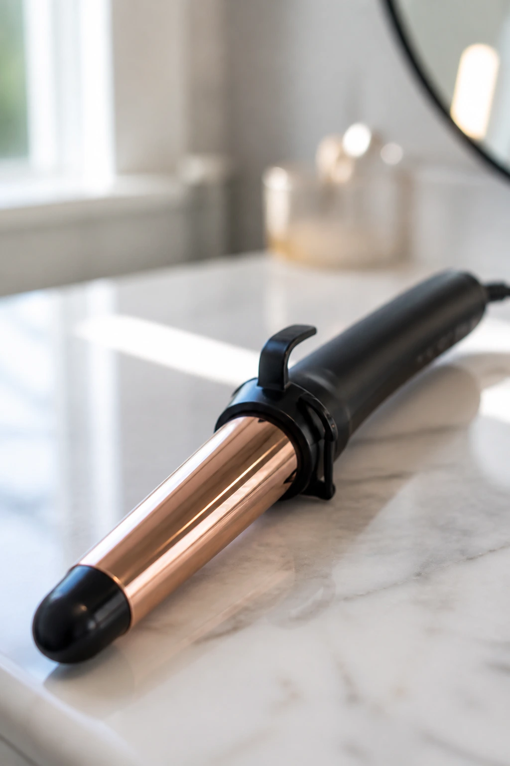 Close-up of a 1-inch curling wand on a vanity, essential tool for loose curls