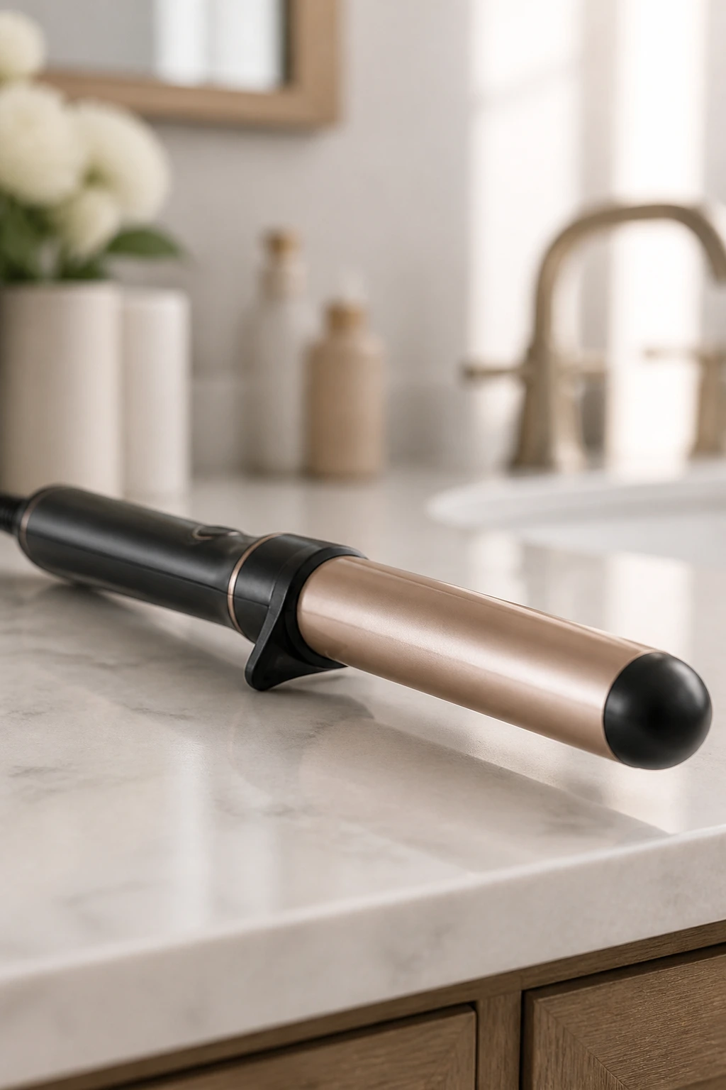 Close-up of curling wand on a bathroom counter
