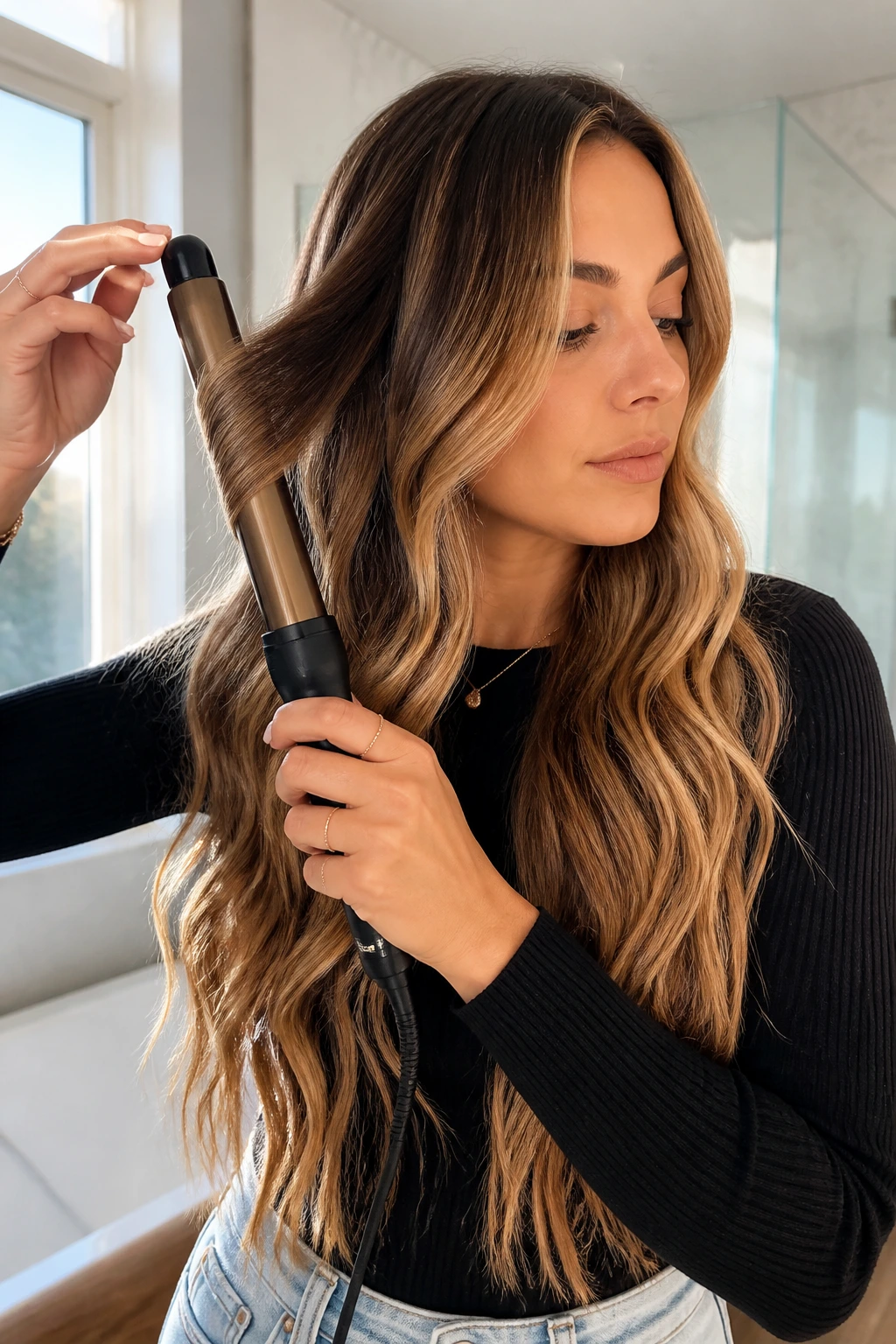 Portrait of a woman using a curling wand to create beachy waves.