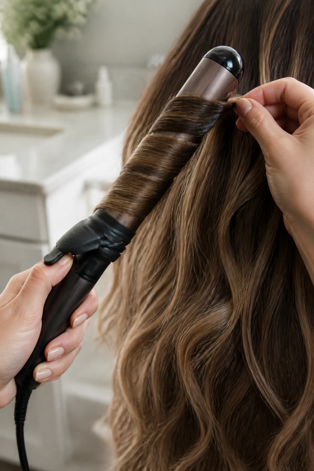 Close-up of hands with a curling wand on long hair in a bathroom setting