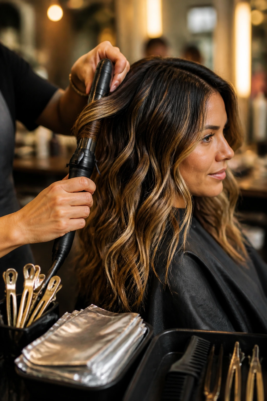 Close-up of a person using a curling wand to style beachy waves.