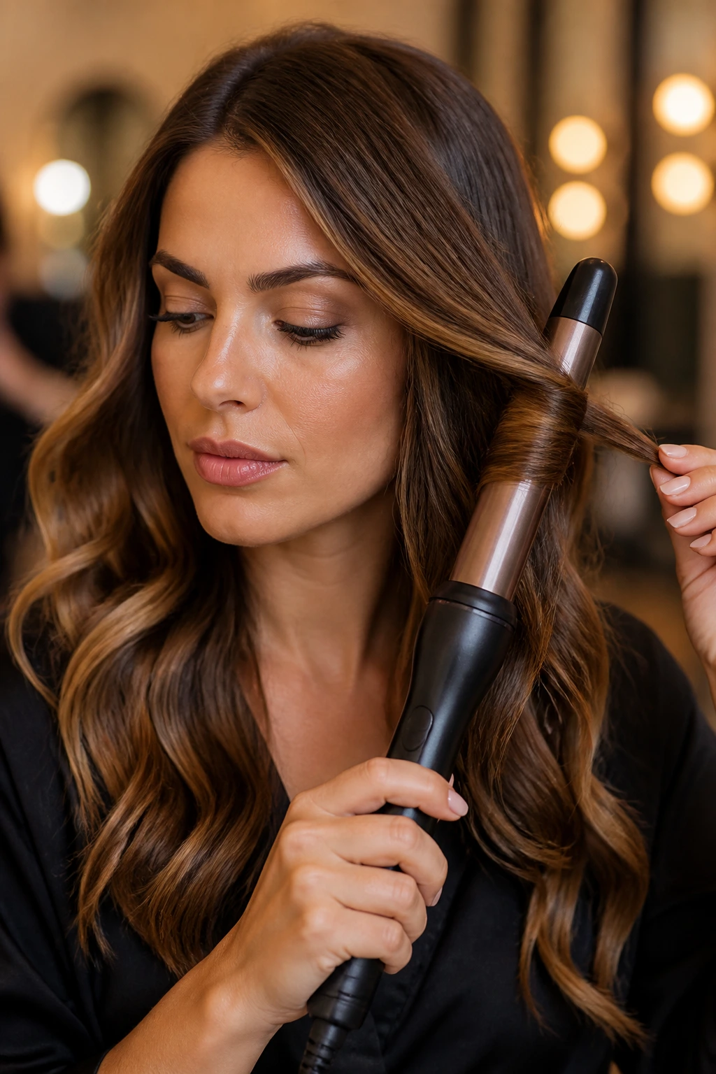 Portrait of a woman in a salon styling long hair with a curling wand.