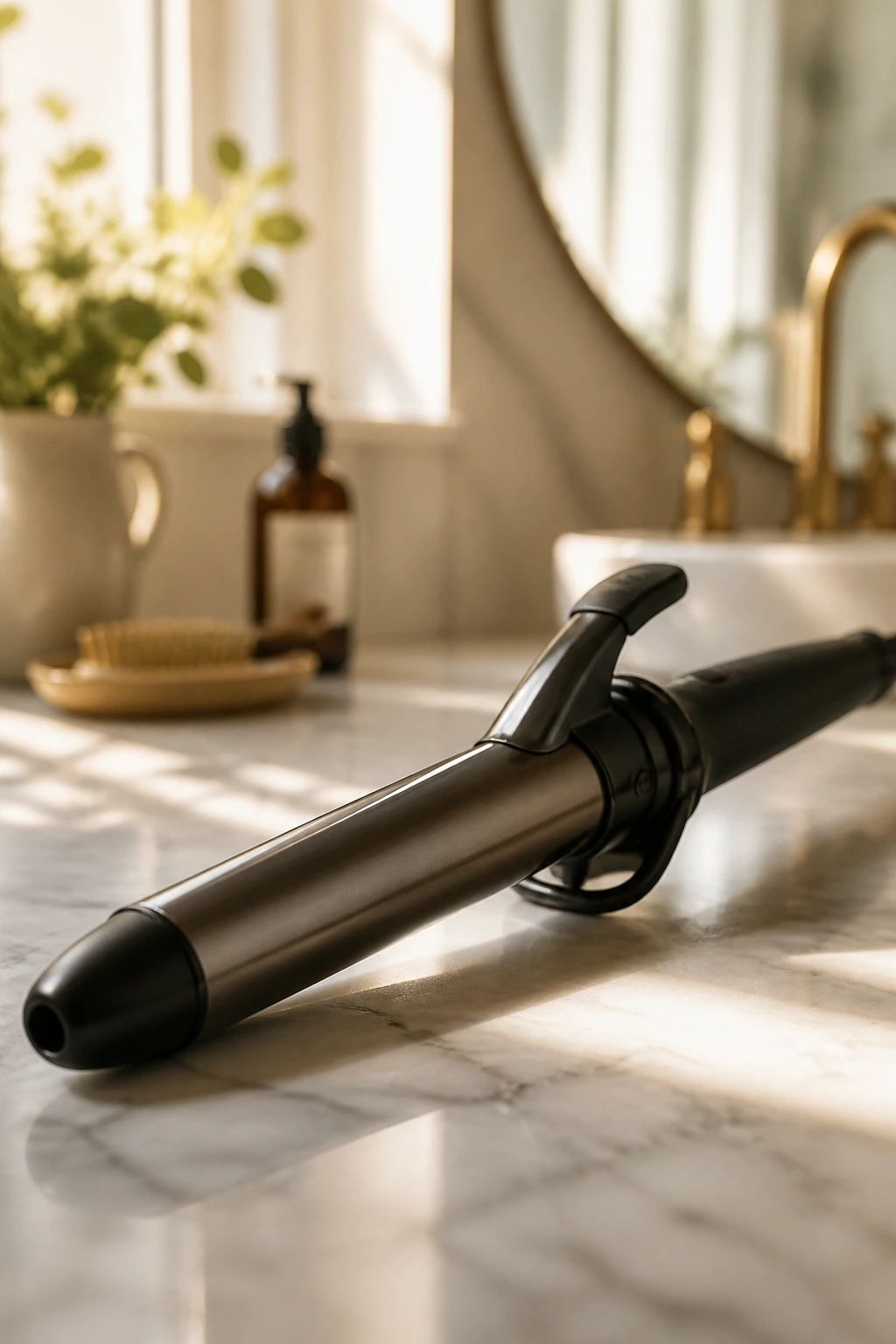 Close-up of a curling wand on a bathroom counter