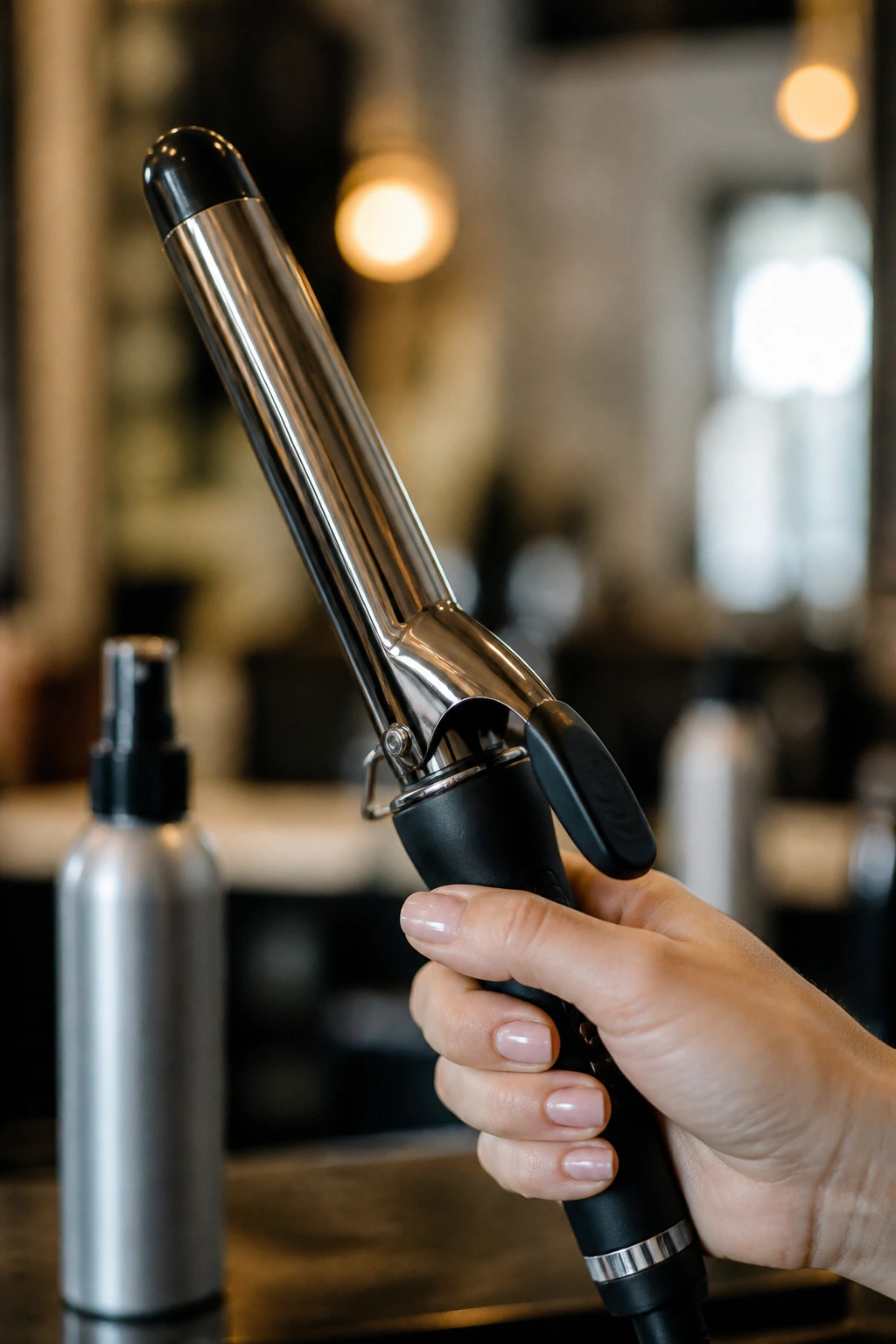 Curling wand in hand with a blurred heat protectant bottle in a salon setting