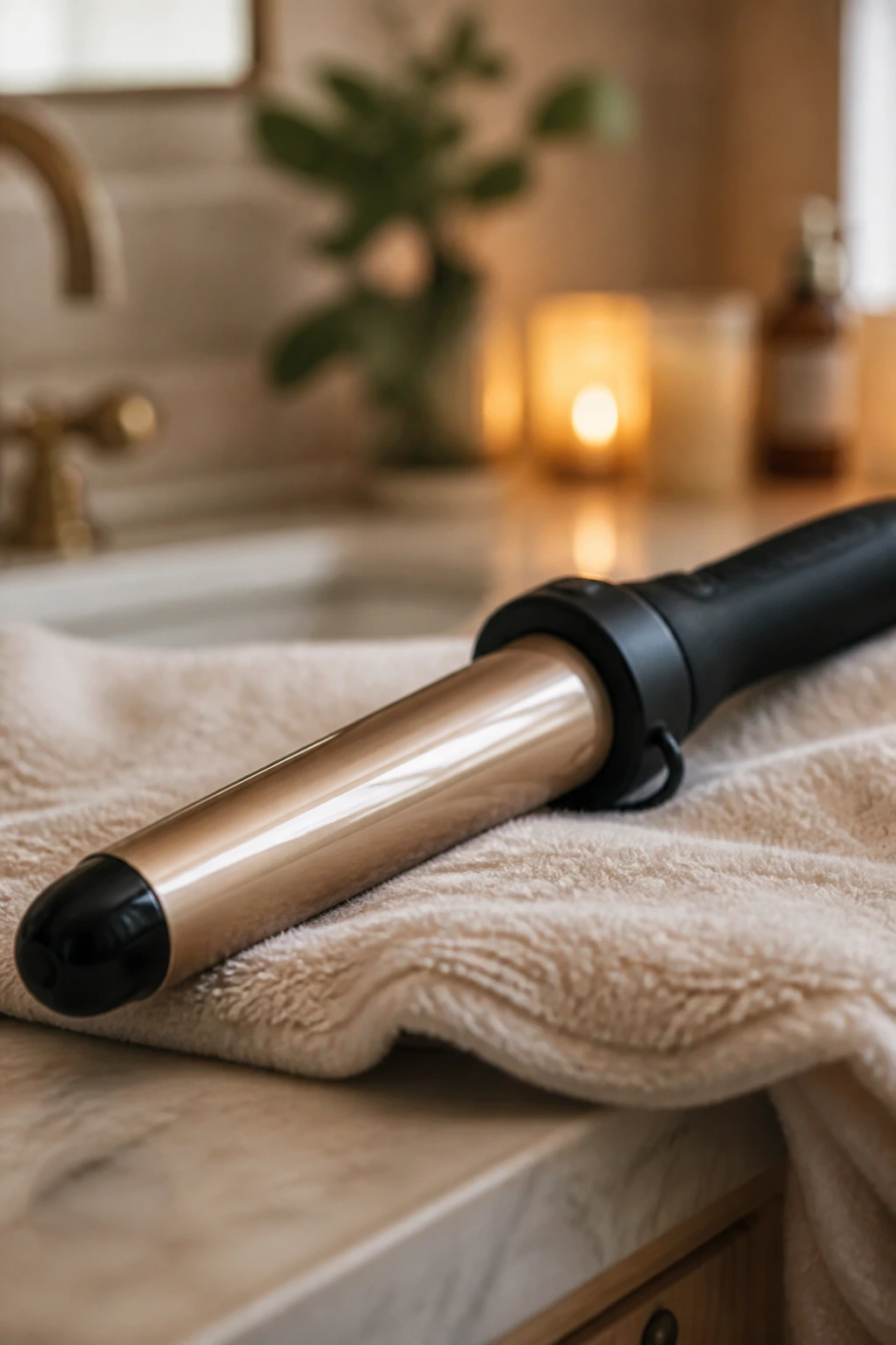 Close-up of a 1-inch curling wand on a towel in a warm bathroom, highlighting a tool for loose curls in shaggy bobs.