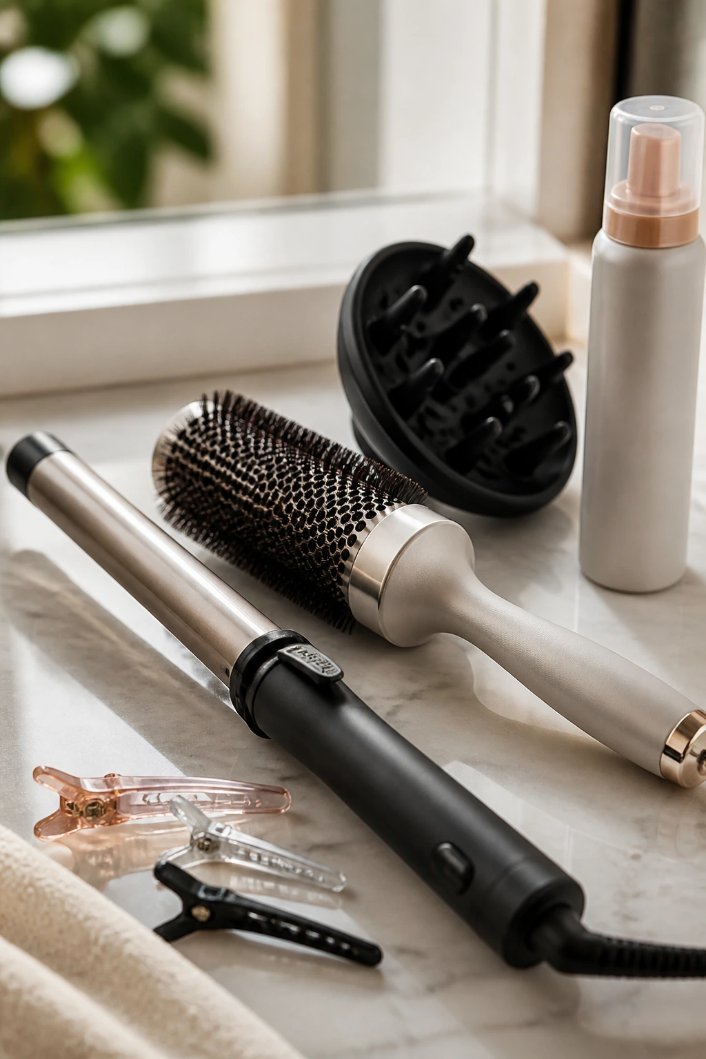 Close-up of hair styling tools on a vanity, including curling wand, round brush, diffuser, and clips