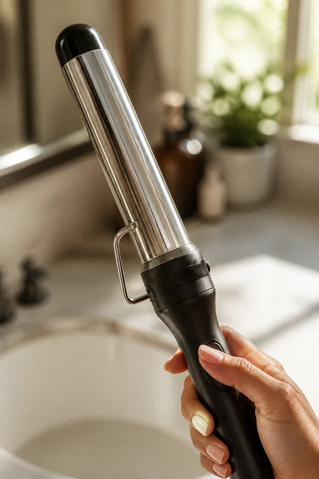 Close-up of a 1-inch curling wand held in a bathroom setting for short waves