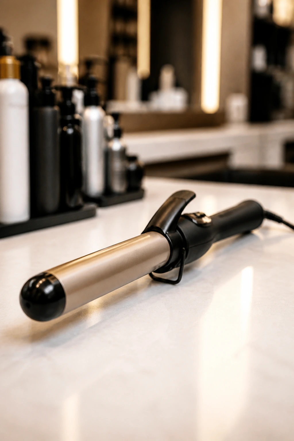 Close-up of a curling wand as the hero tool on a salon counter.