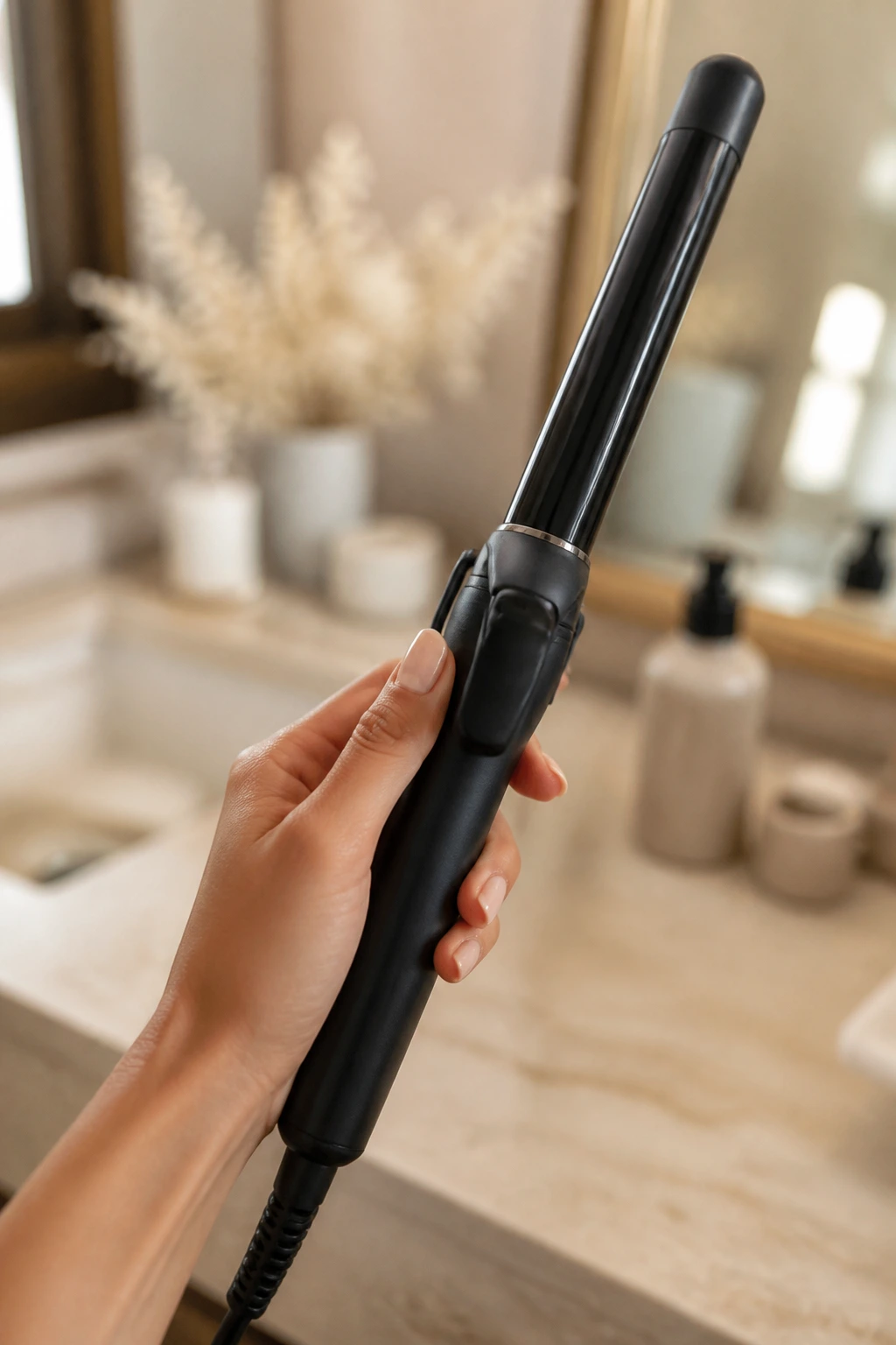 Close-up of a curling wand ready for styling wavy lobs in a bathroom