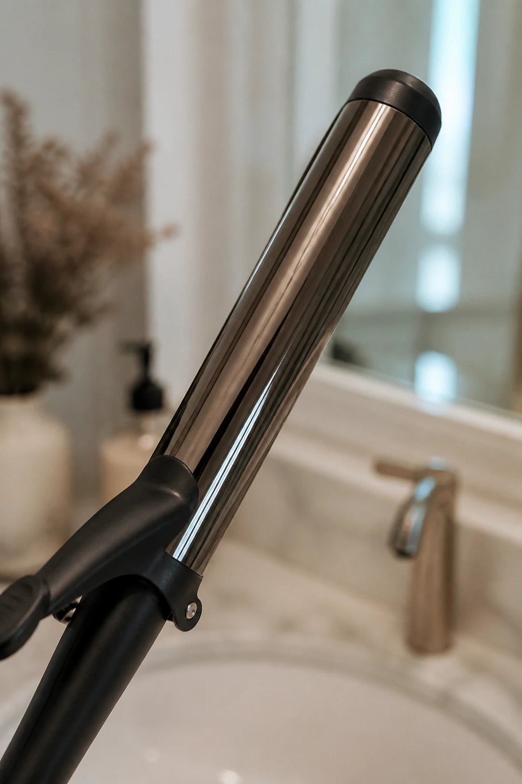 Close-up of curling wand on a clean blurred bathroom background
