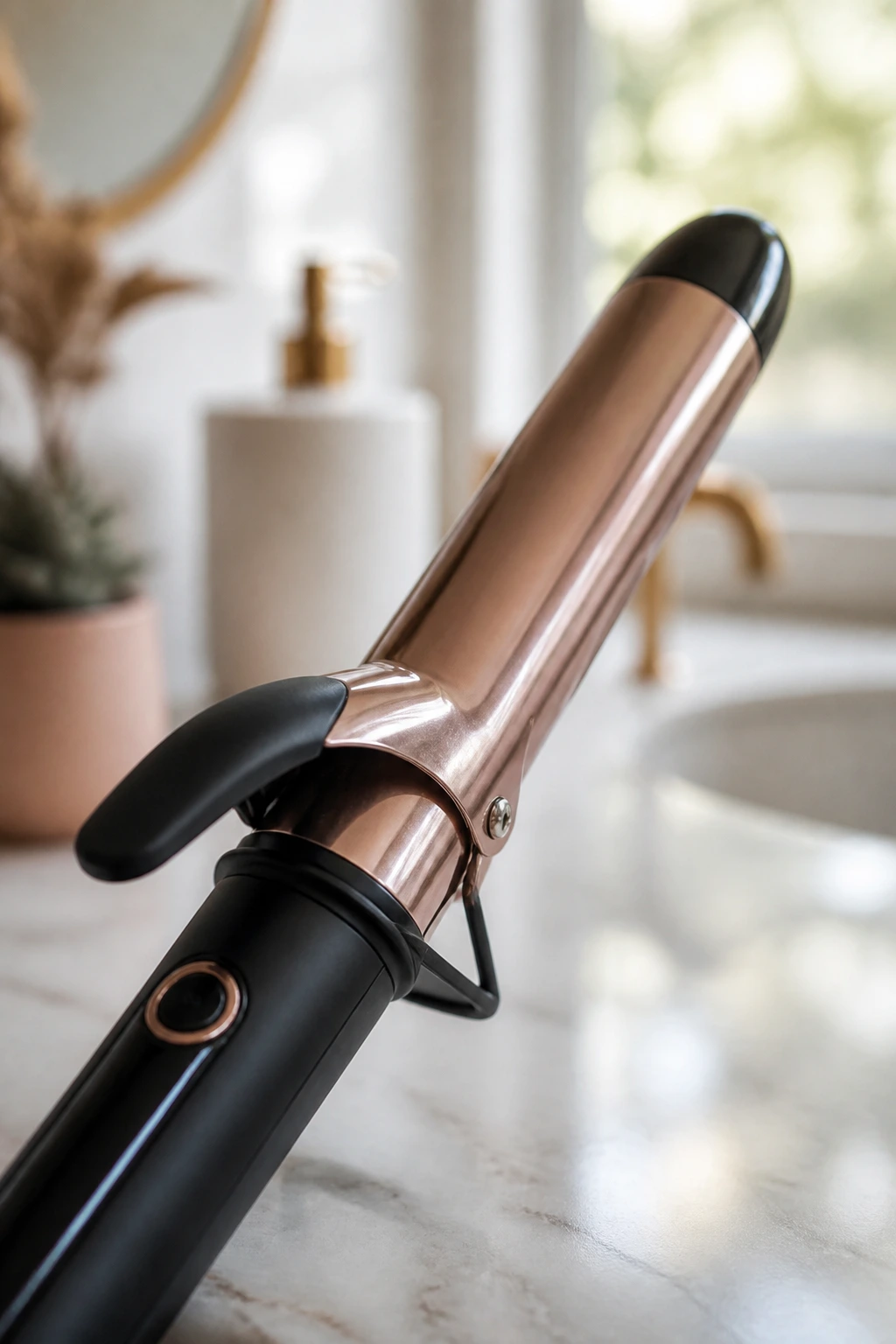 Close-up of curling wand dominating the frame on a vanity.