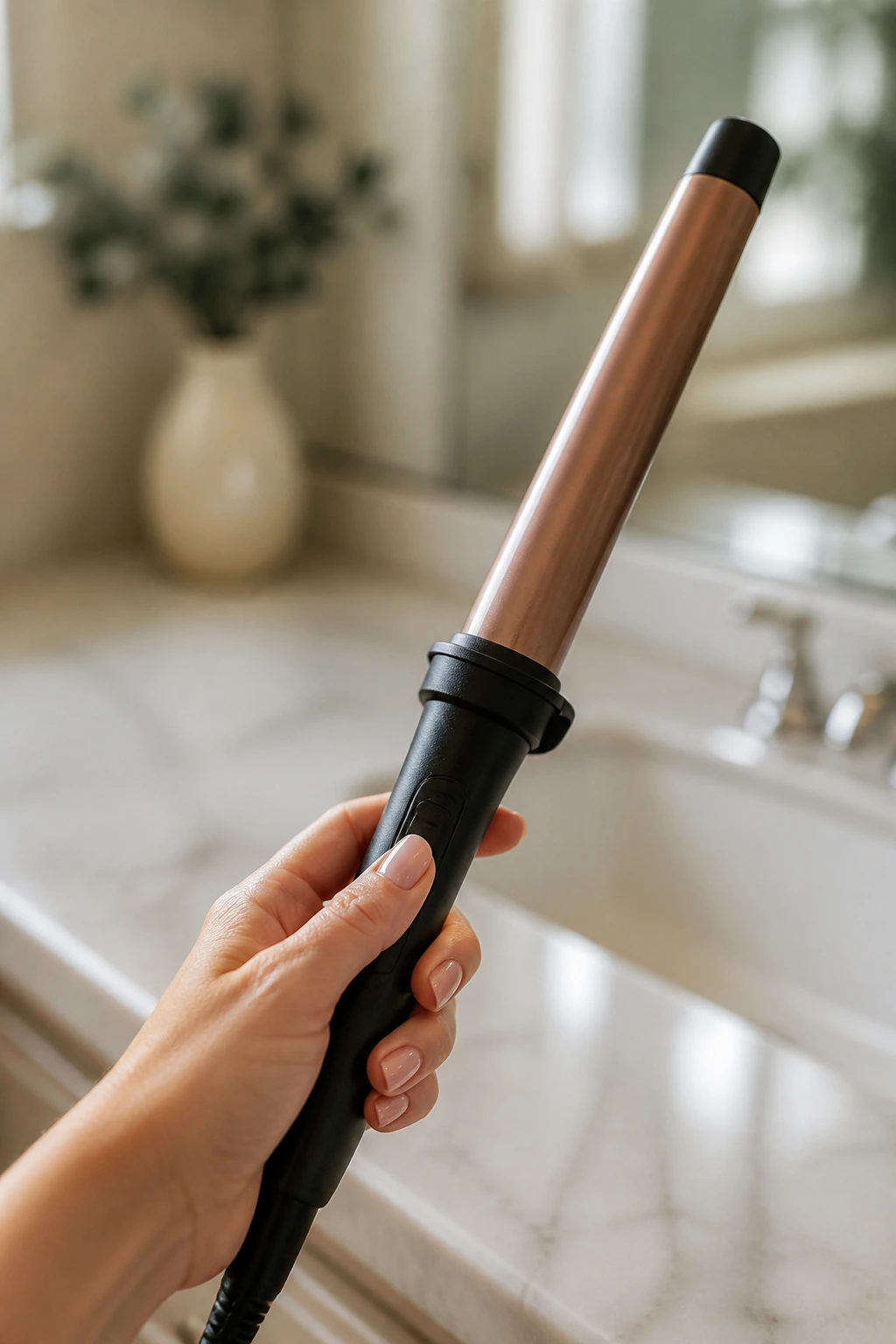 Close-up of curling wand held in hand, essential tool for wavy bob styling