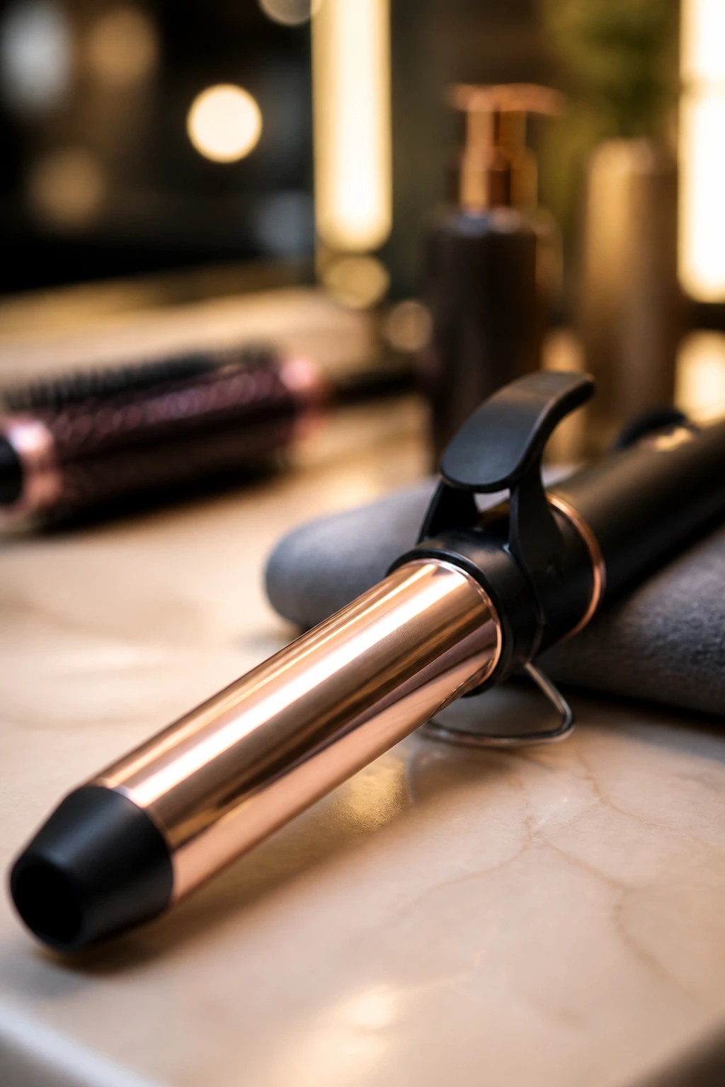 Close-up of a curling wand in a salon setting