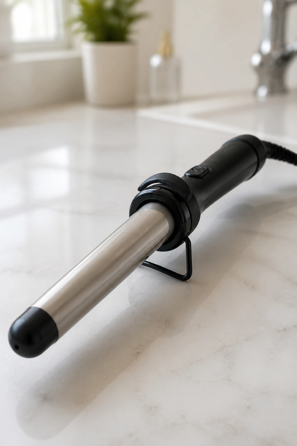 Close-up of a 1-inch curling wand on a clean vanity surface.