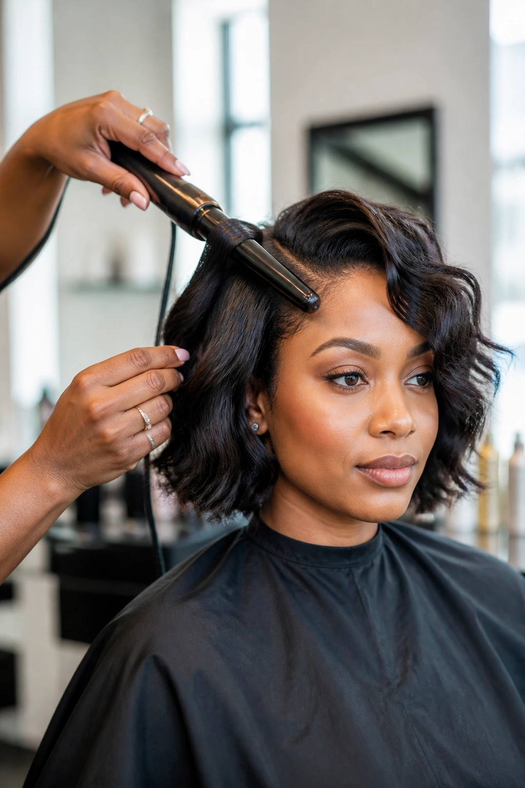 Portrait of a woman using a curling wand on layered wavy bob in a salon