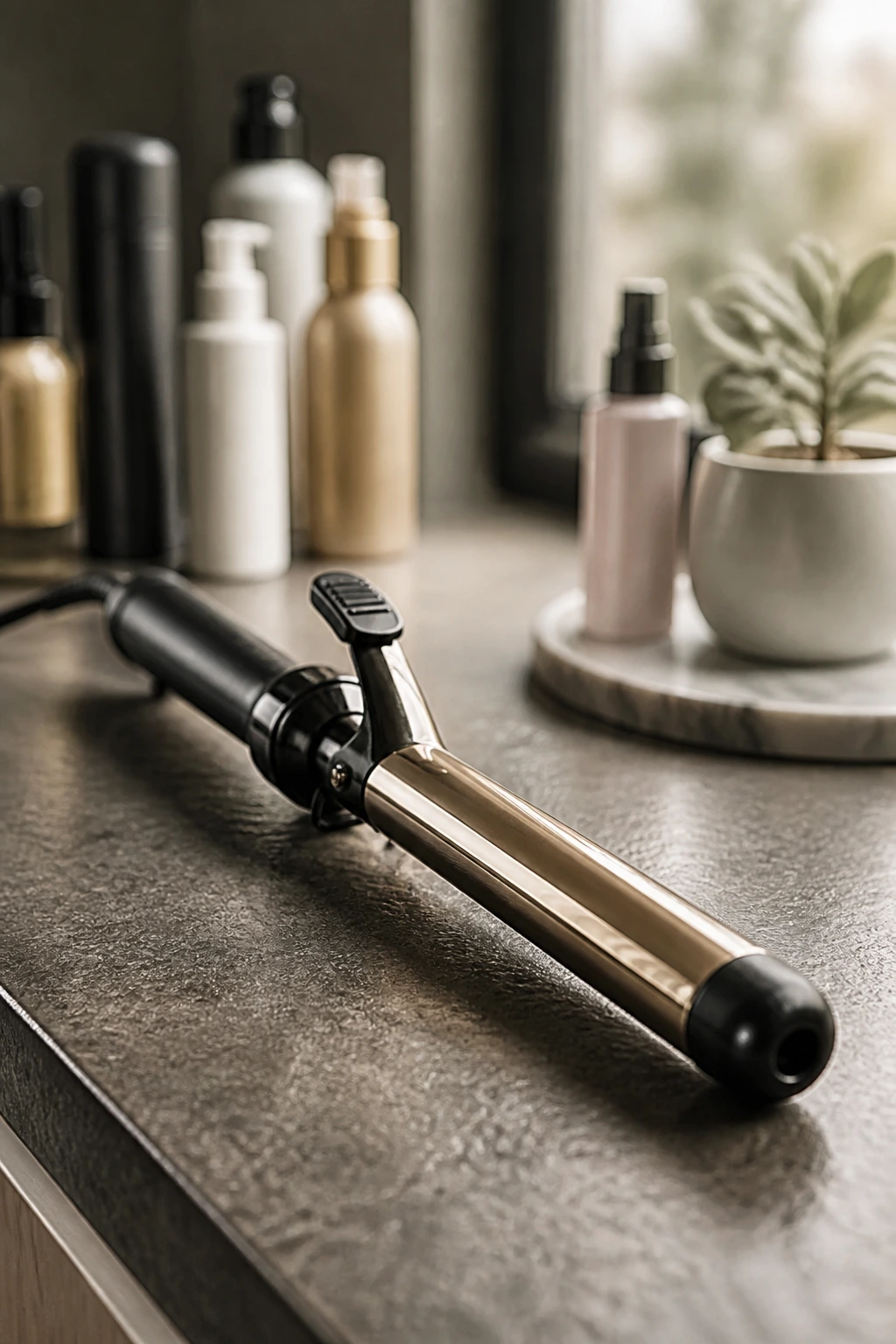 Close-up of a 1-inch curling wand at a salon station.