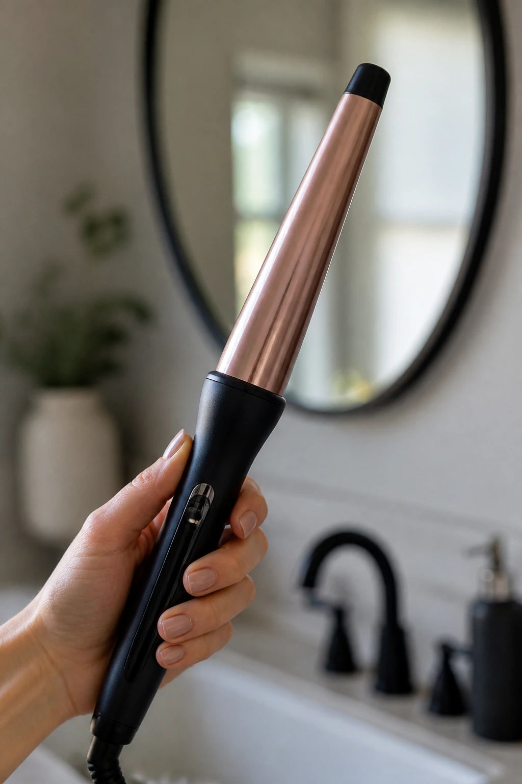 Close-up of a curling wand held in hand, essential styling tools for short wavy hair