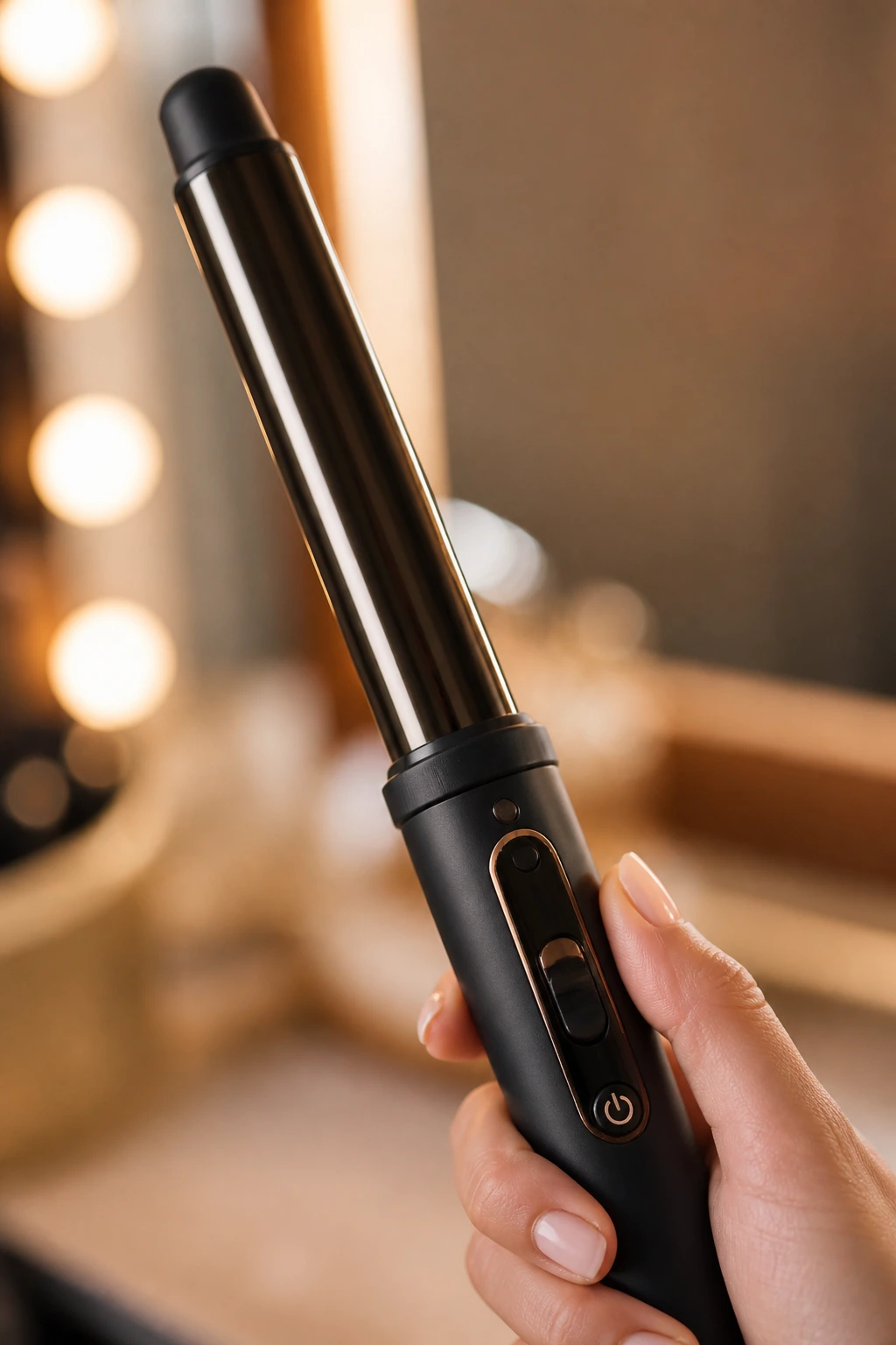 Curling wand in focus on vanity for evening styling