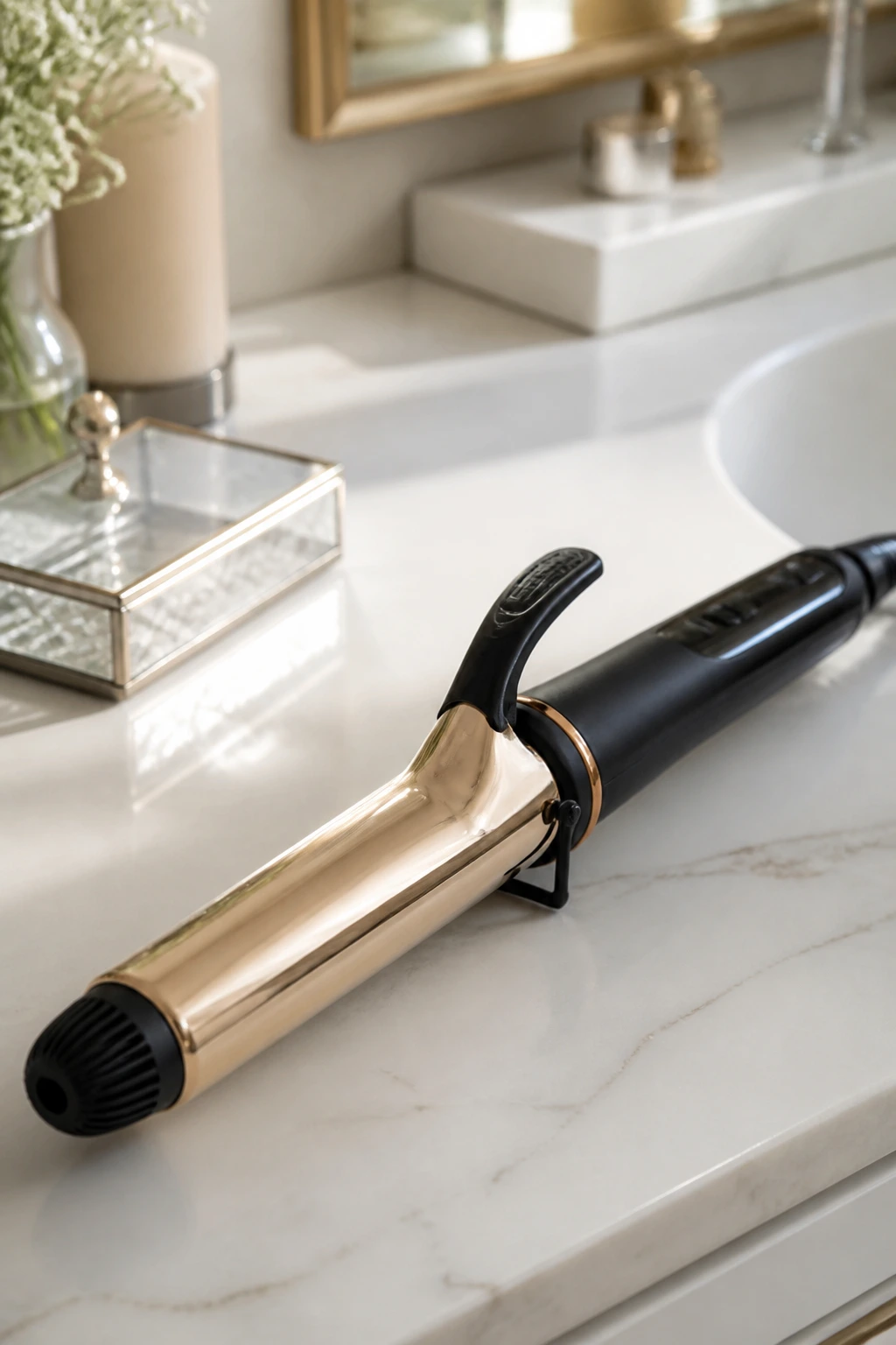 Curling wand on bathroom counter under soft morning light