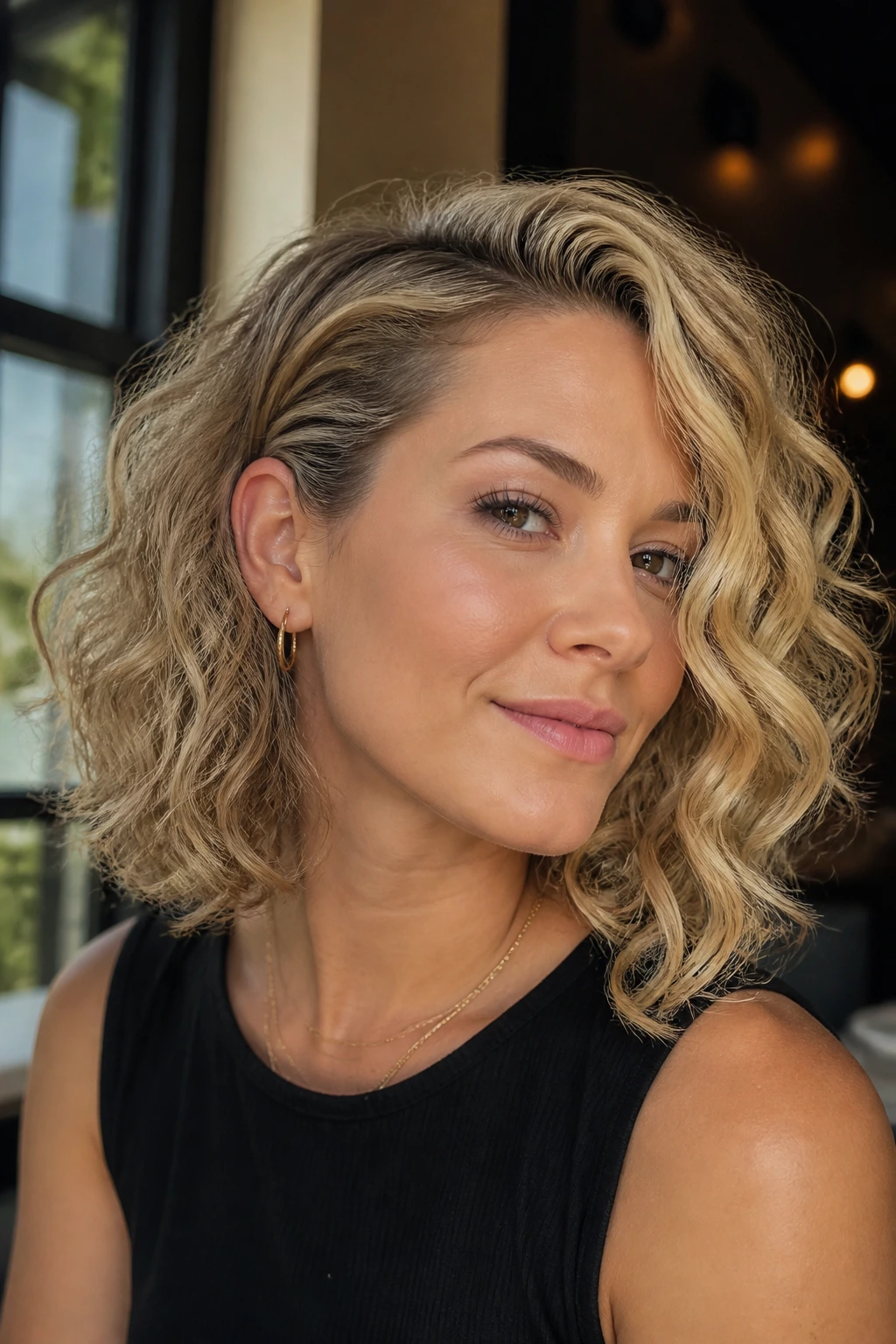 Close-up of a real woman with tucked-behind-the-ear curls and bright blonde edge