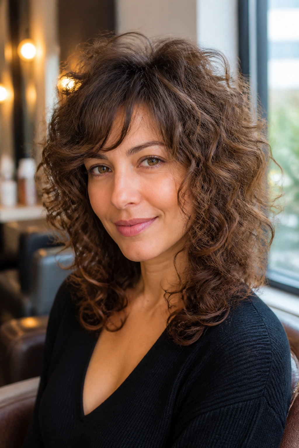Close-up portrait of a real woman with high-volume crown shag and narrow side bangs highlighting crown lift.