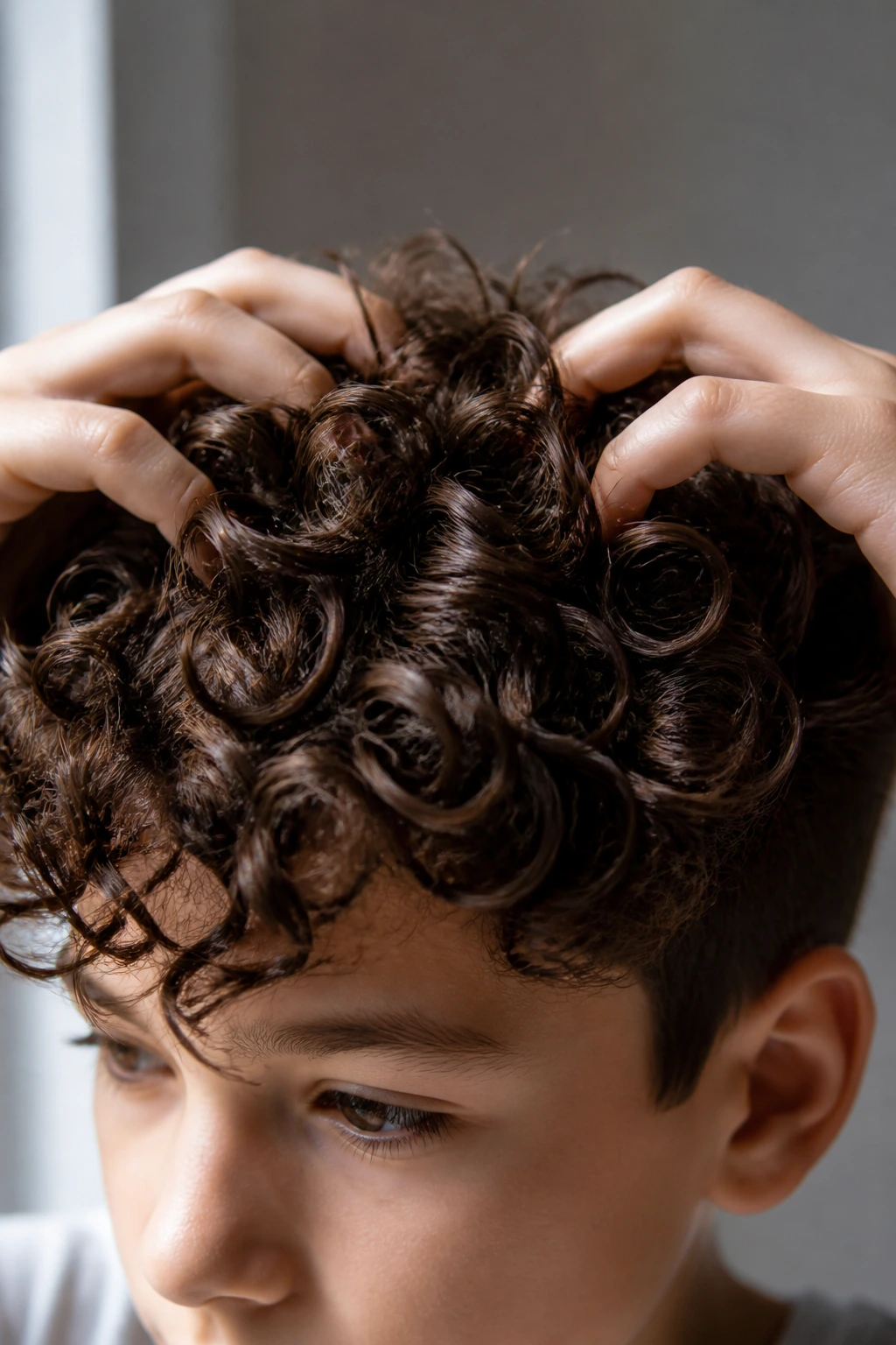 Close-up of a boy's curls being scrunched by hands in natural light