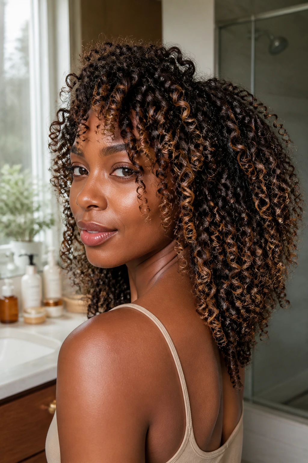 Close-up portrait of a woman with highlighted curls in a bright bathroom