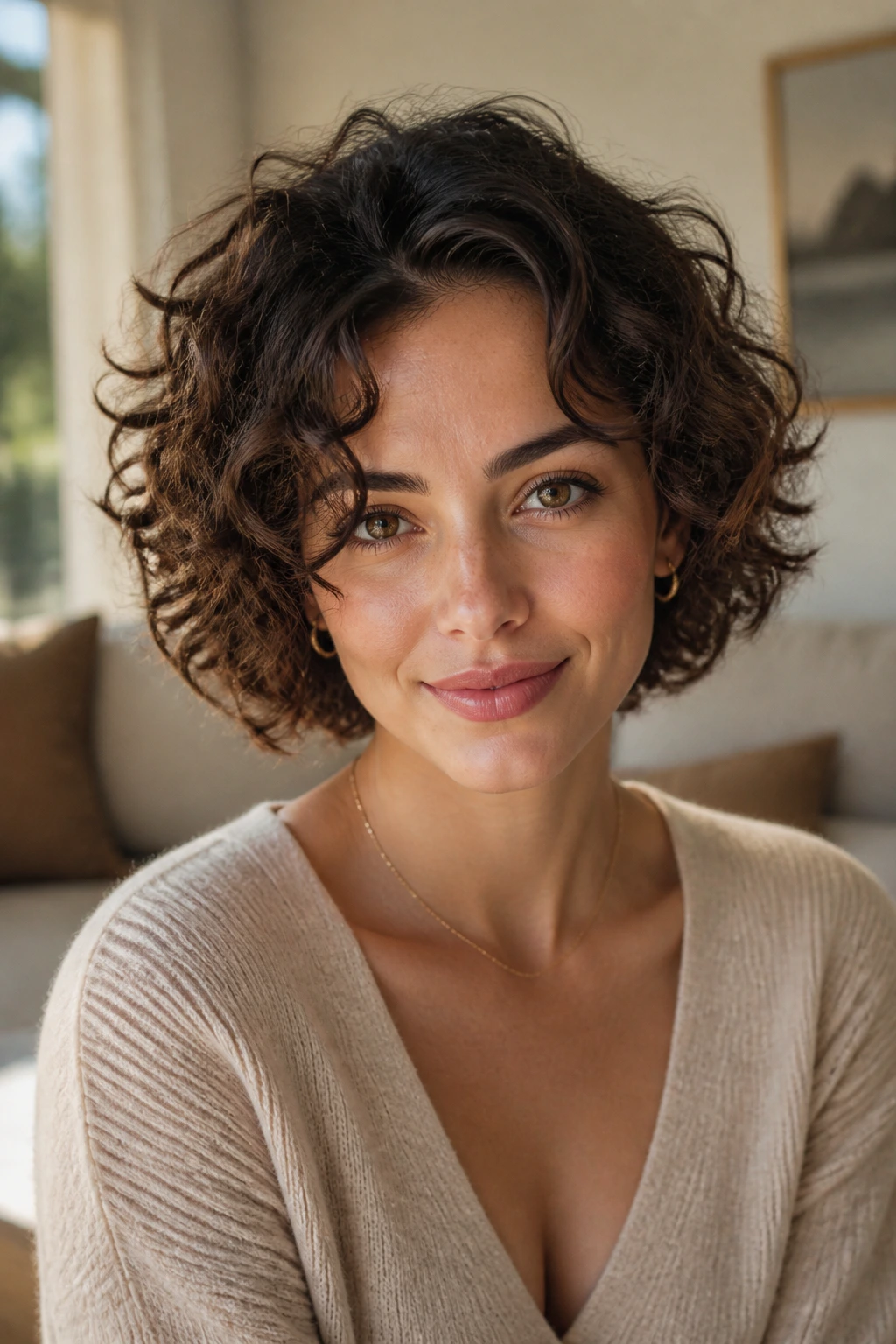 Close-up of short curls framing an oval face in warm window light
