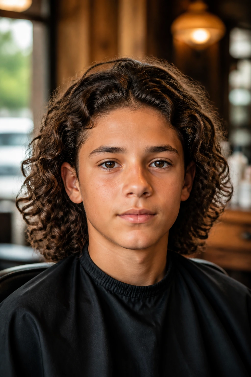 Close-up of a real preteen boy with shoulder-length curls and a clean shape-up in a barbershop setting