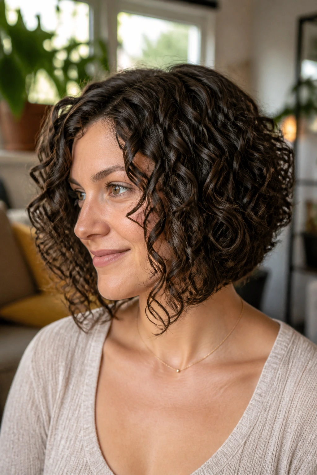 Portrait of a woman with curly A-line bob following curl pattern.